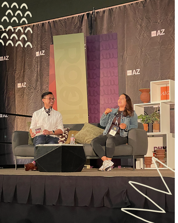 phxdw keynote speaker Sadie Red Wing on the stage being interviewed by emcee Paul Mendoza